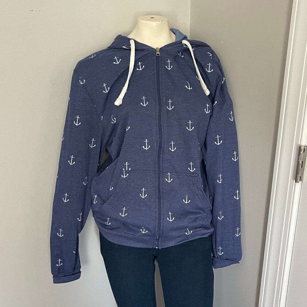 Carbon Nautical Anchors Hooded Hoodie/Jacket Blue Size Large